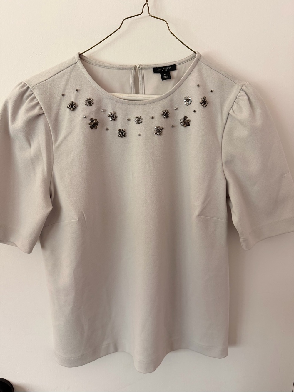 Ann Taylor Pale Gray Jeweled Crewneck Blouse